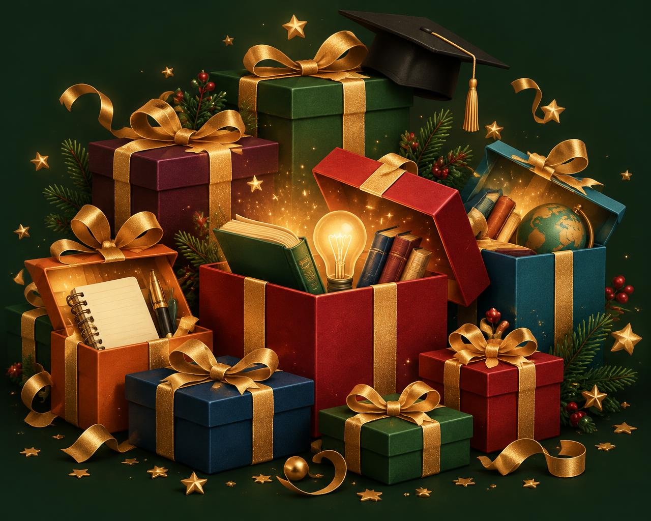 Une pile de cadeaux dorés d'où s'échappent livres, carnet et ampoule